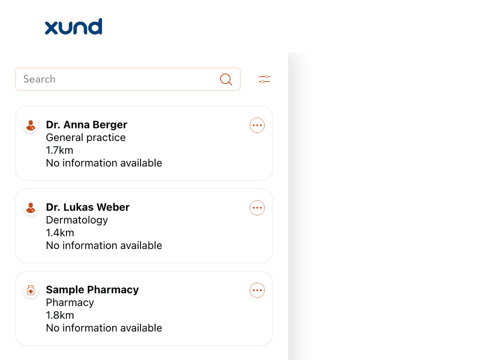 The Health solutions list in light mode with three sample results and orange icons.