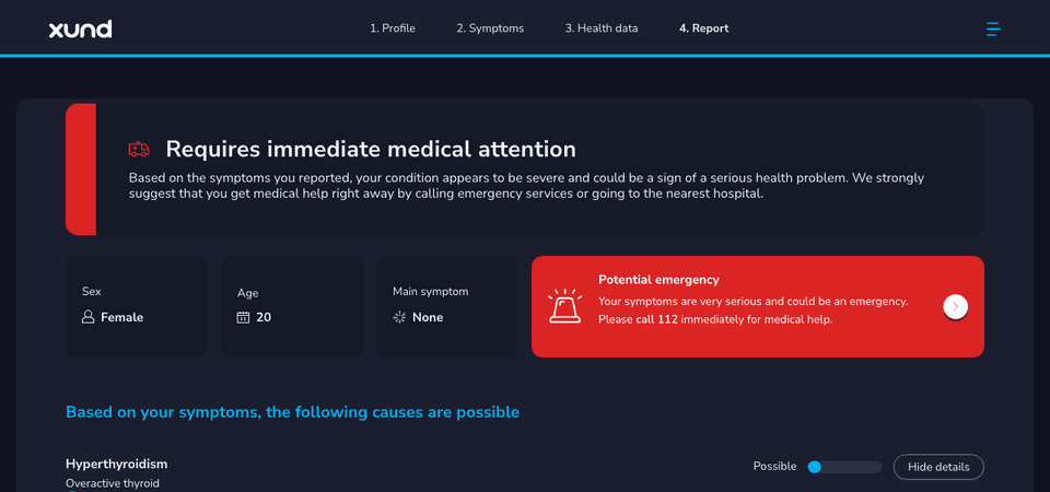The same report with the XUND dark colours. The red emergency fill is the same as in light mode.