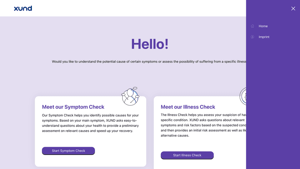 The start screen in light mode with the side menu open. The side menu is purple with white labels.